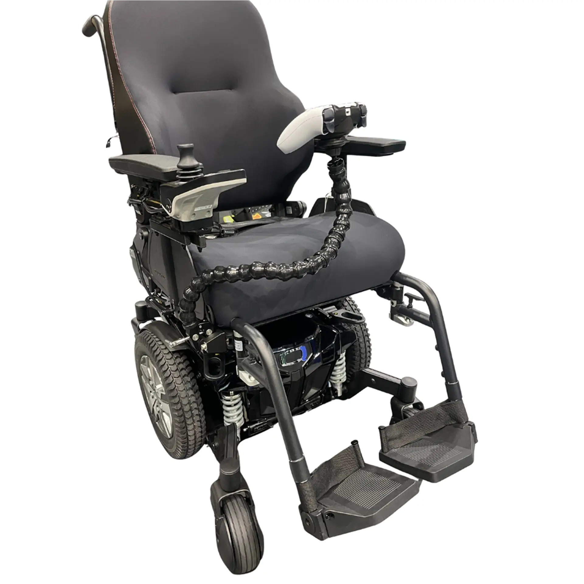 Power wheelchair with flexible armrest mount.