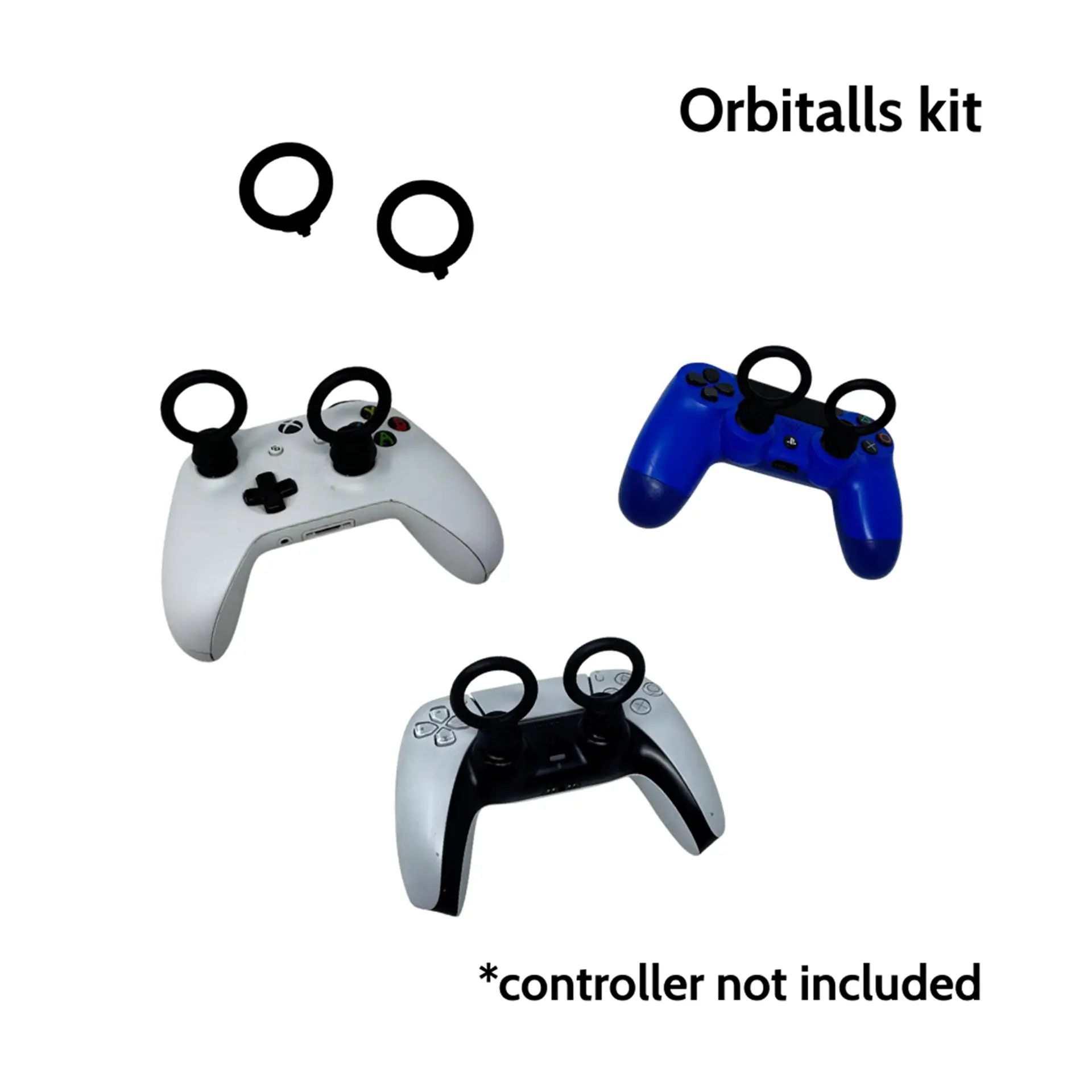 Orbitalls Kit ring attachments shown on Xbox, PS4, and PS5 controllers.