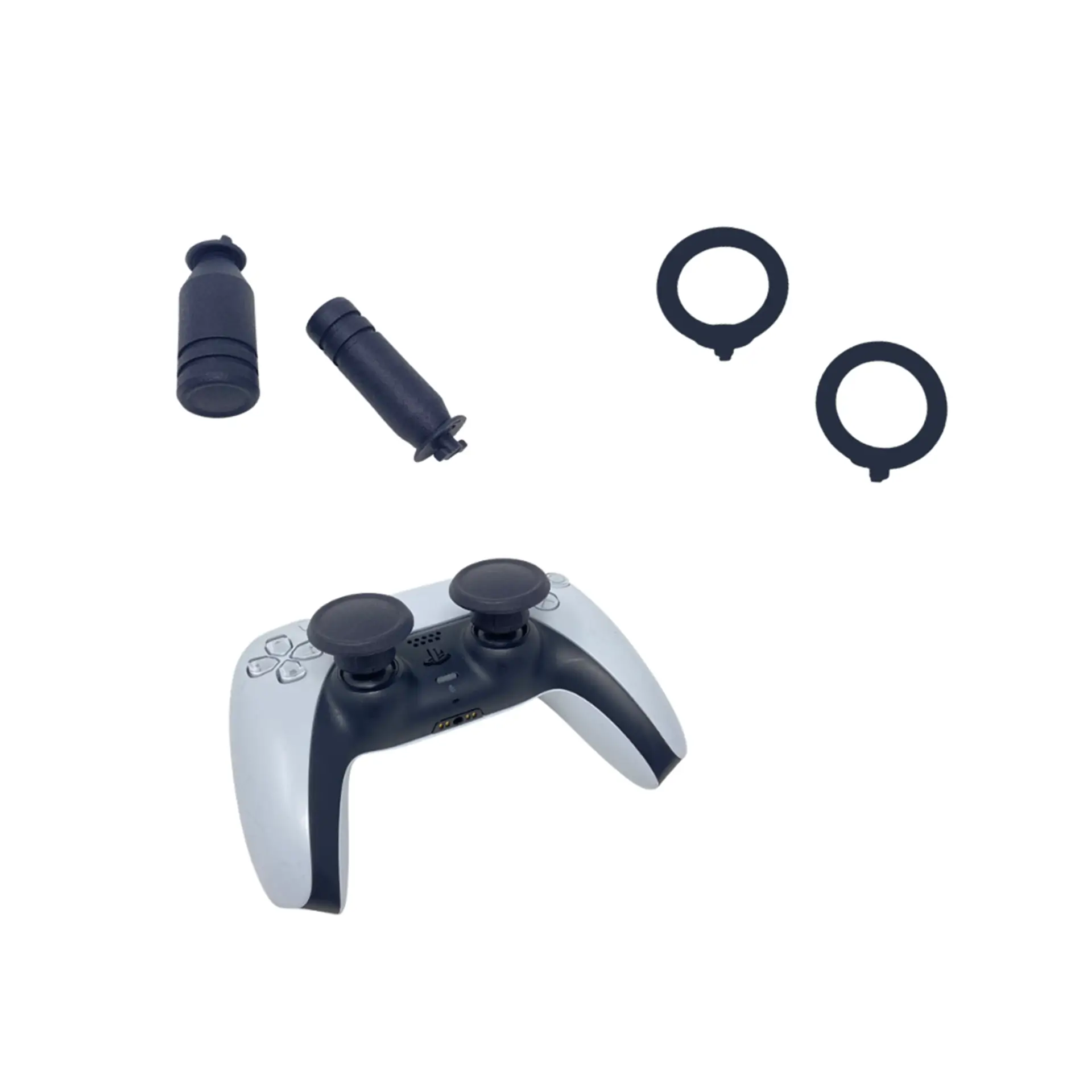 Stick extenders, rings, and PS5 controller with mushroom-style grips.