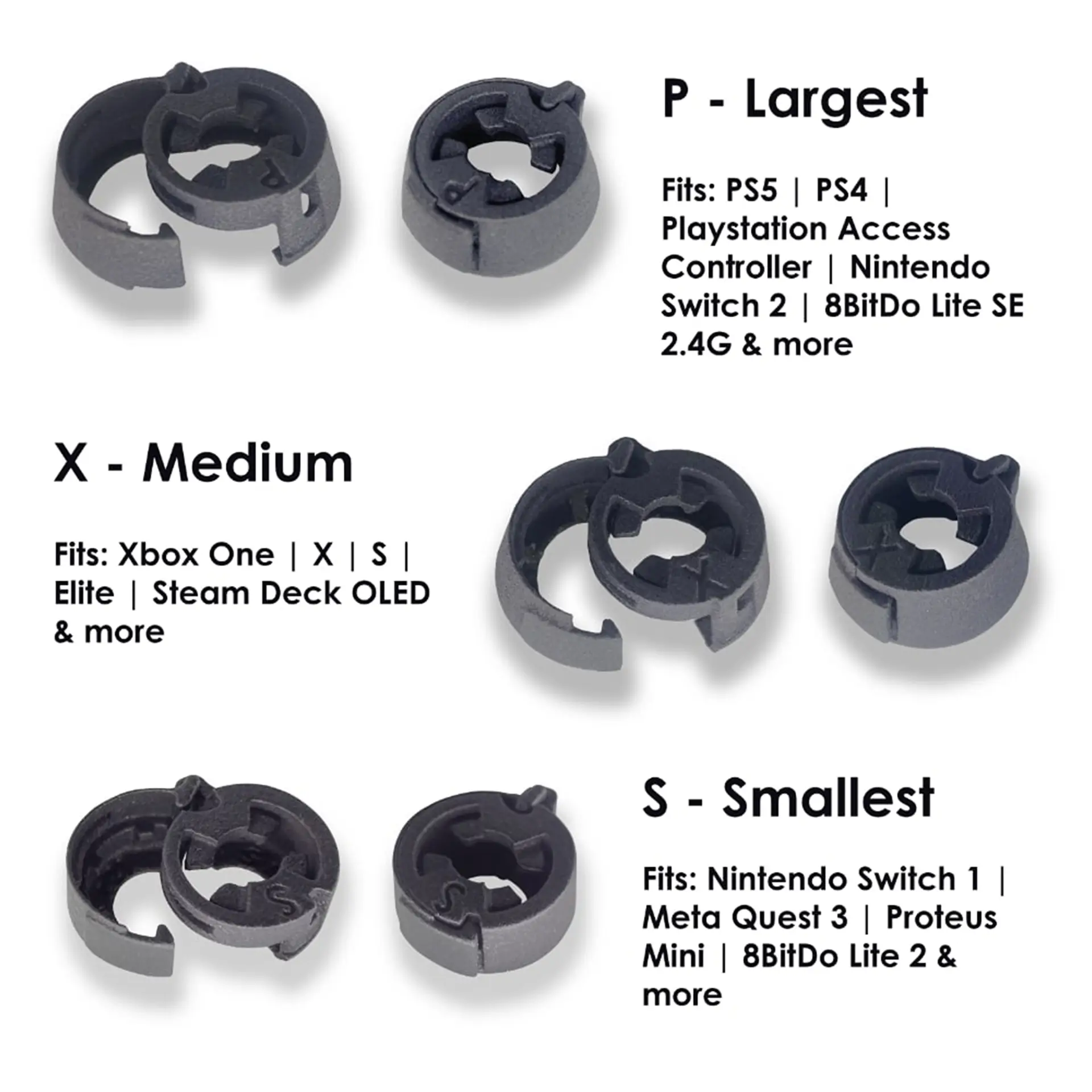 Snap-on knuckle rings in three sizes with console compatibility chart.