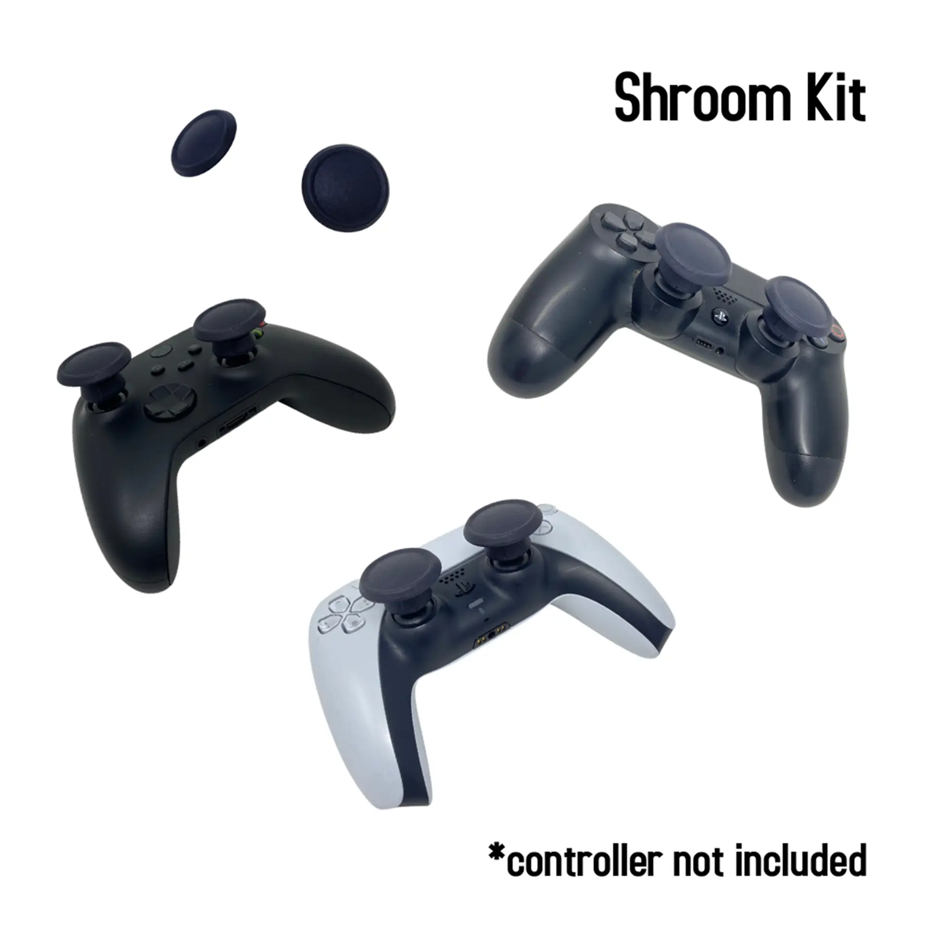 Shroom Kit grips shown on Xbox, PS4, and PS5 controllers.