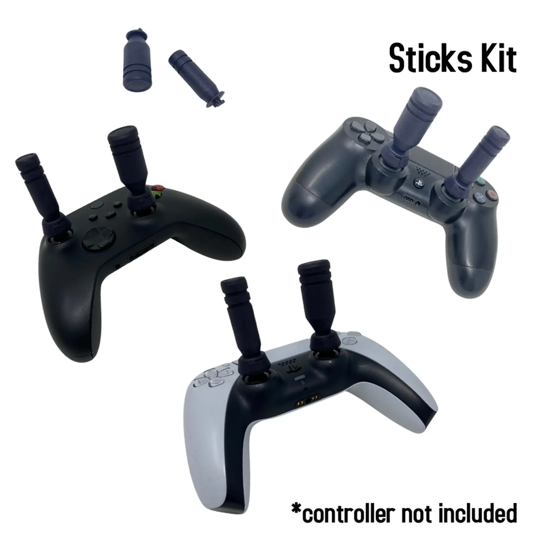 Sticks Kit tall extenders shown on Xbox, PS4, and PS5 controllers.