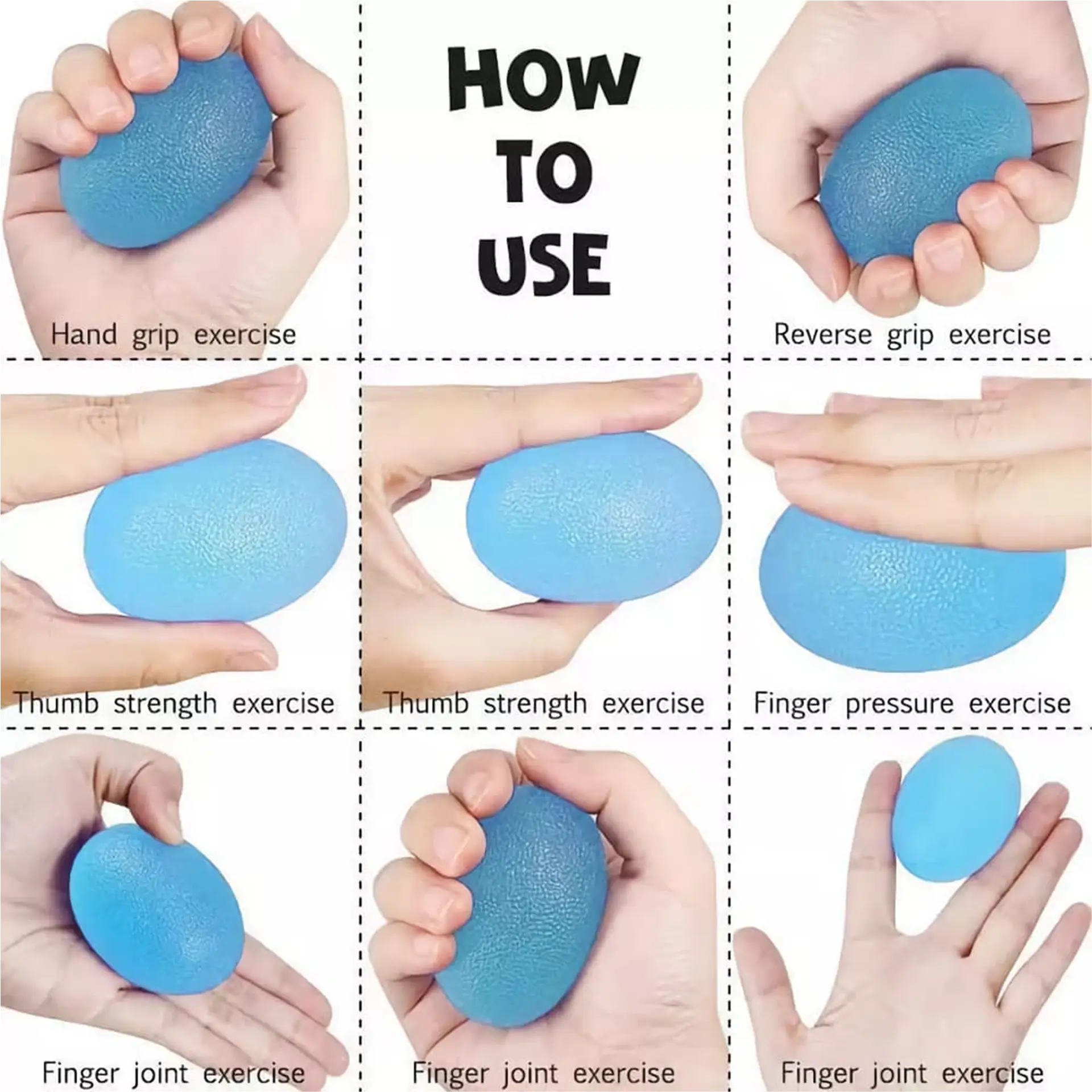 Nine-panel guide showing different hand and finger exercises with an egg-shaped exerciser.
