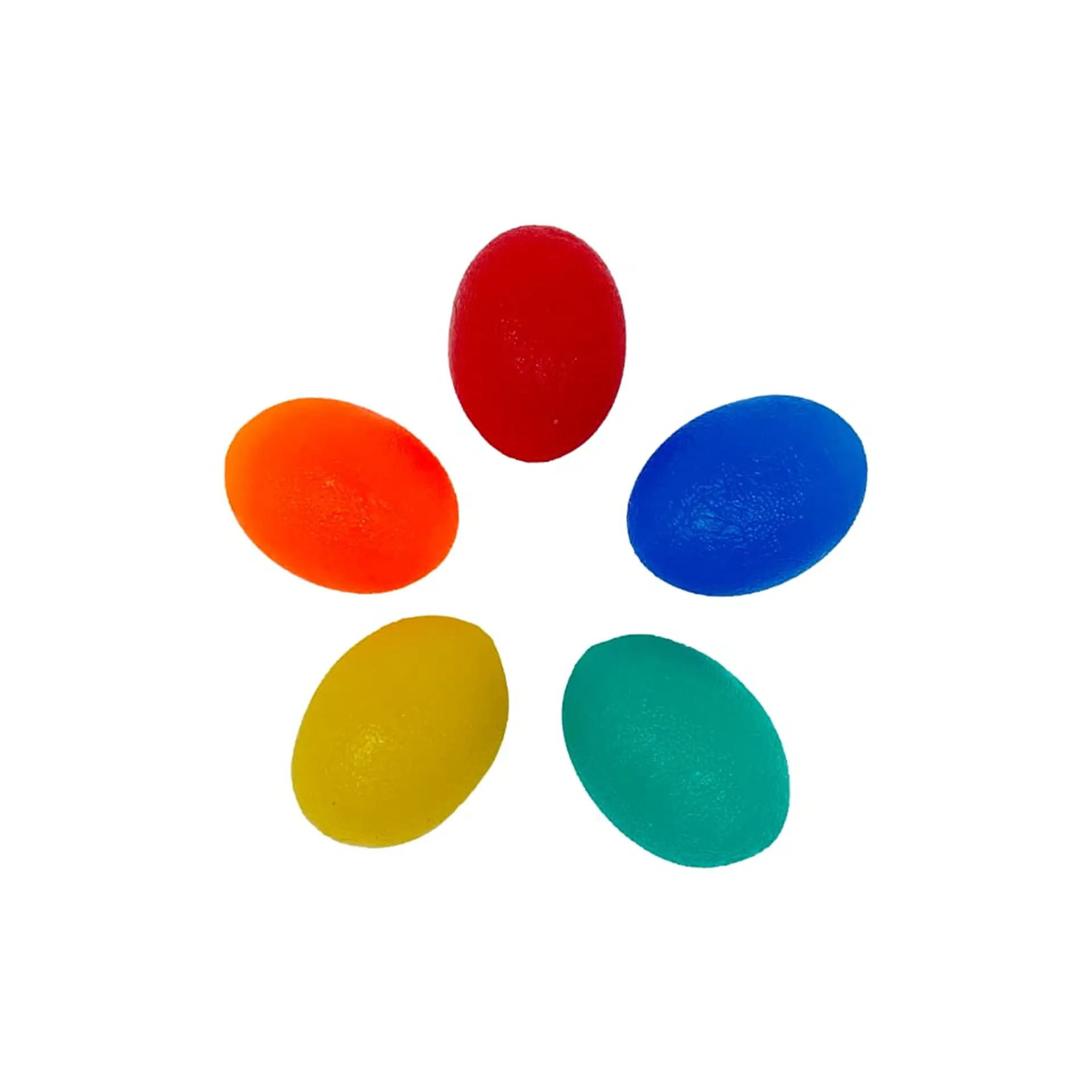 Five egg-shaped hand exercisers in red, orange, blue, yellow, and teal arranged in a flower pattern.
