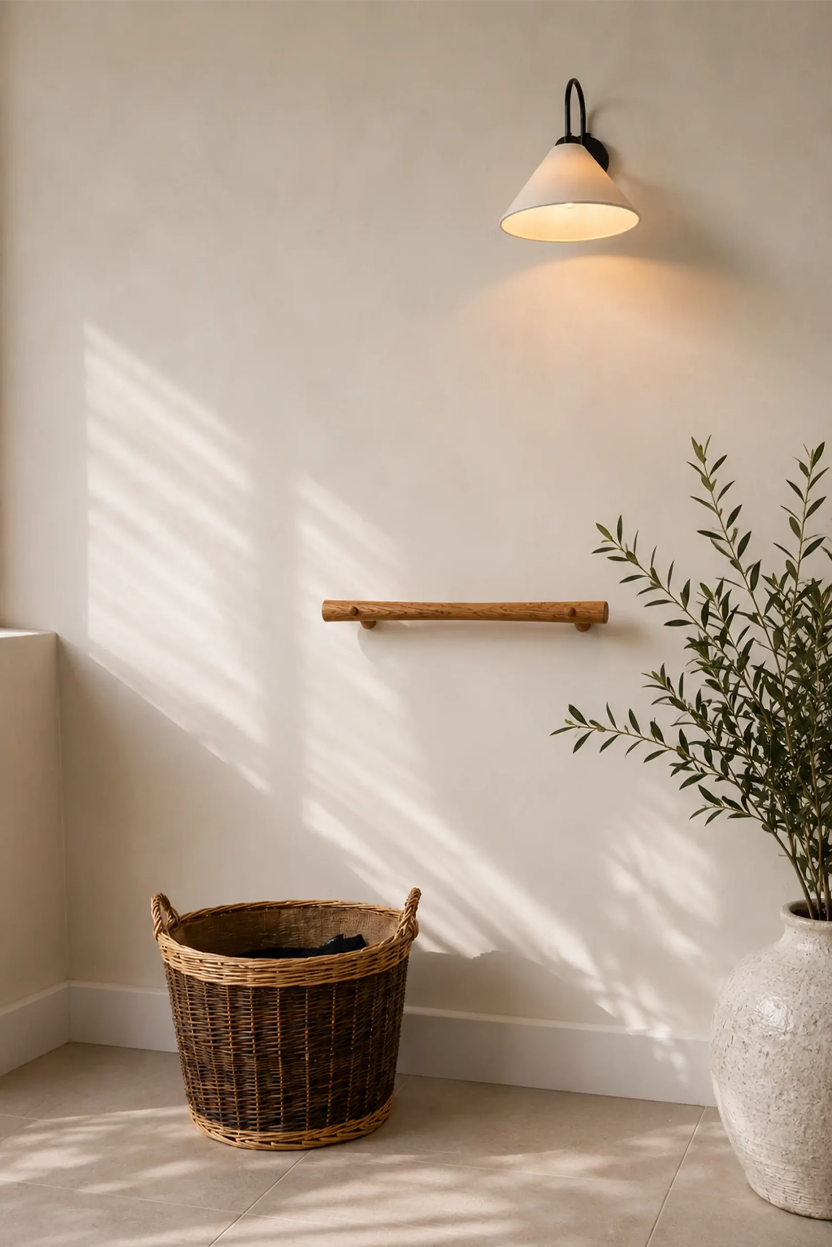 Oak grab rail mounted on wall above a wicker basket and cone wall light.