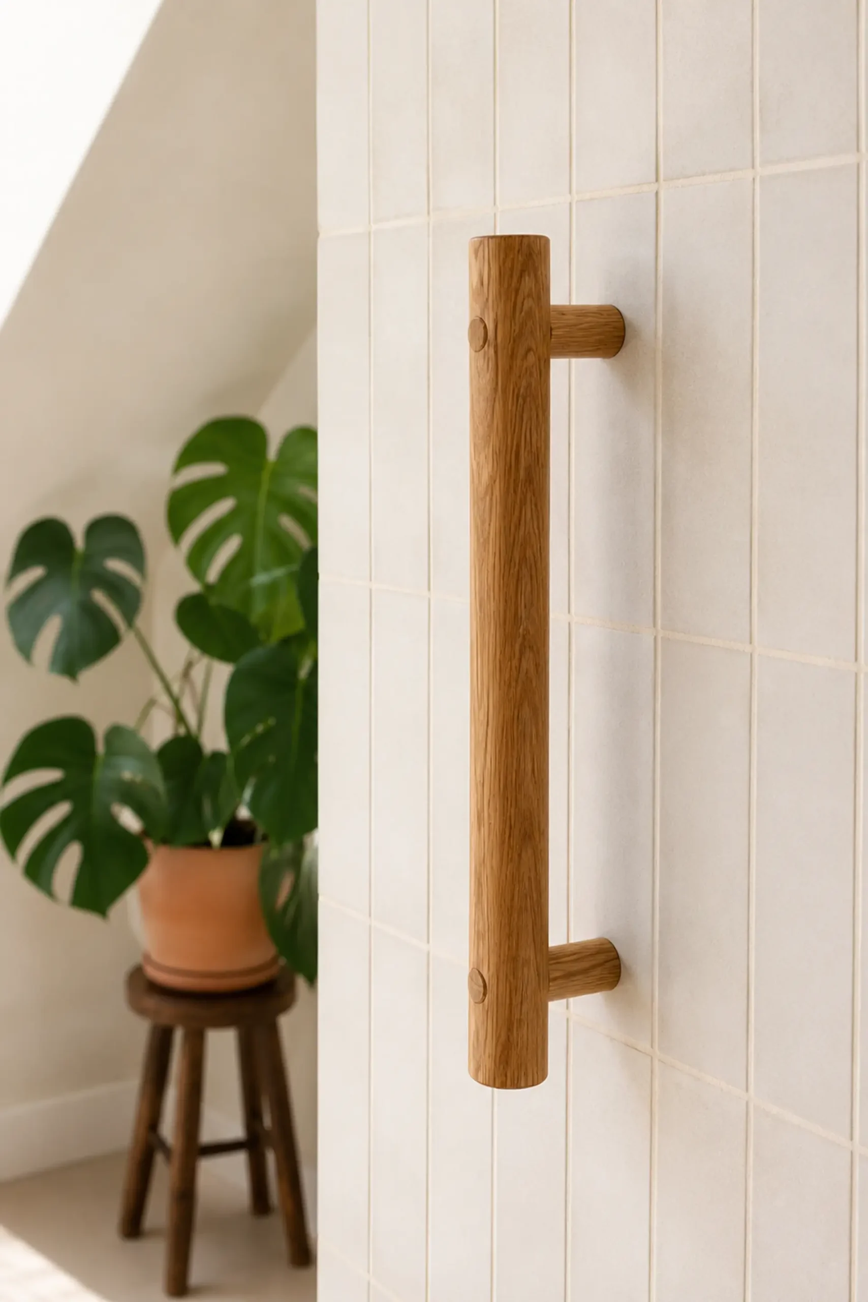 Oak grab rail on tiled wall with a monstera plant nearby.