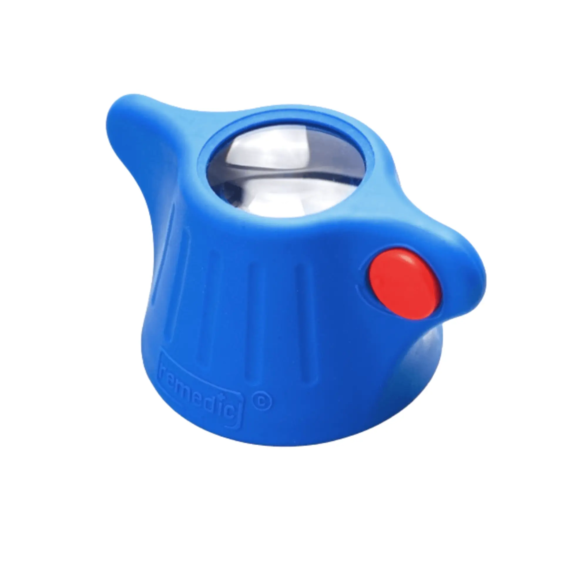 Blue Remedic bottle opener with grip wings and red button.