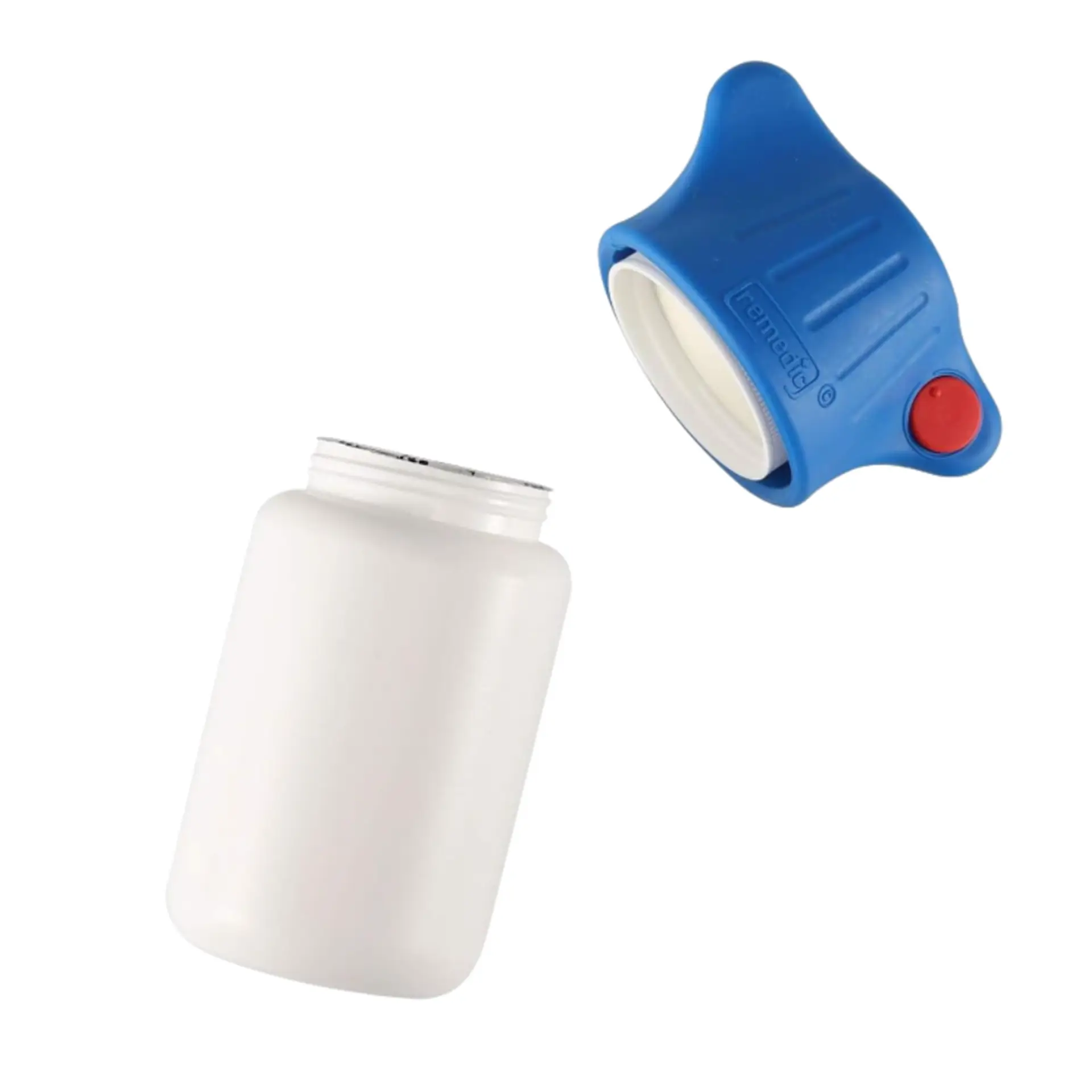 Blue bottle opener next to open white pill bottle.