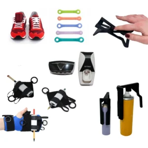 Grid of adaptive tools: no-tie laces, straps, clippers, dispensers, spray can holders.