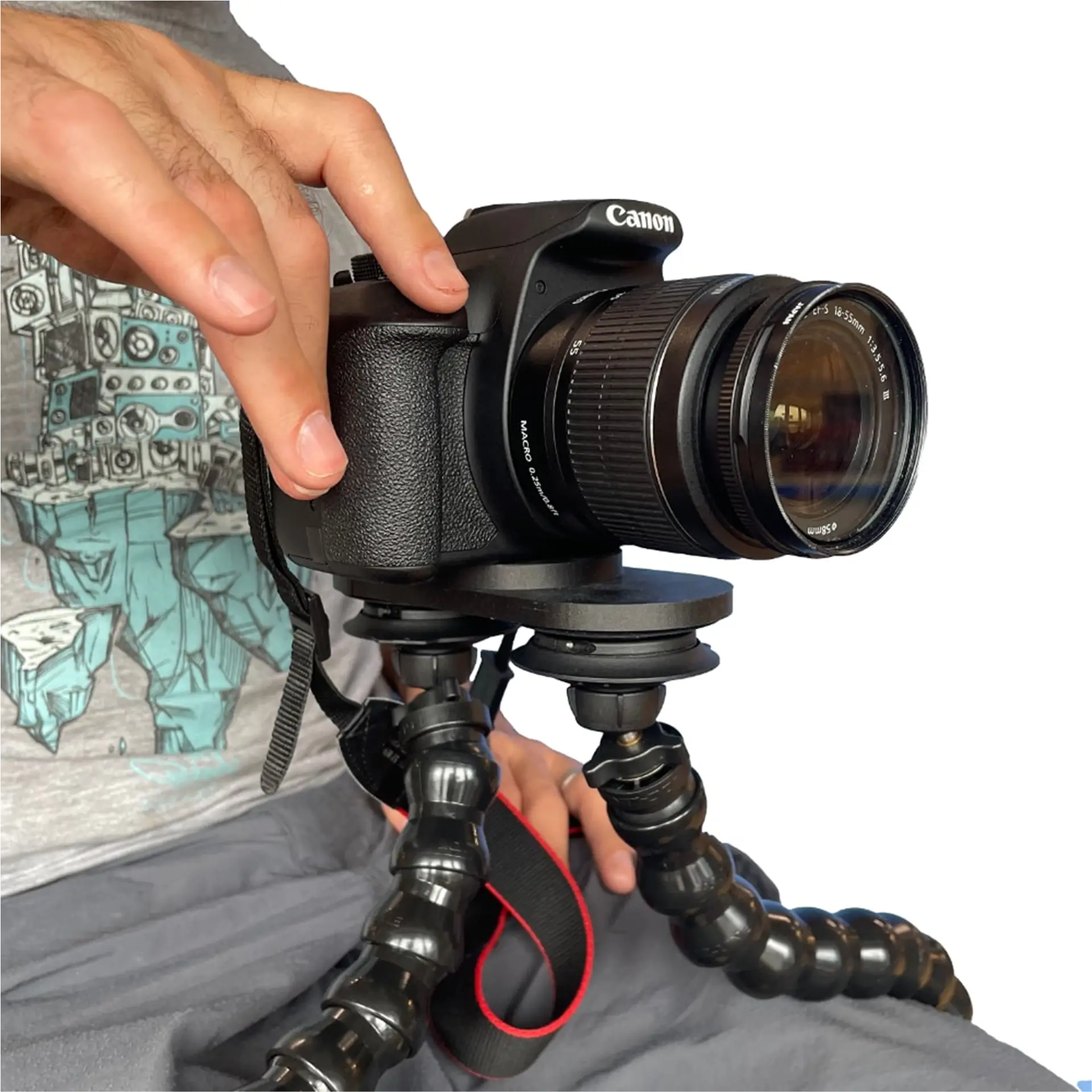 Camera mounted on flexible tripod legs attached to wheelchair.
