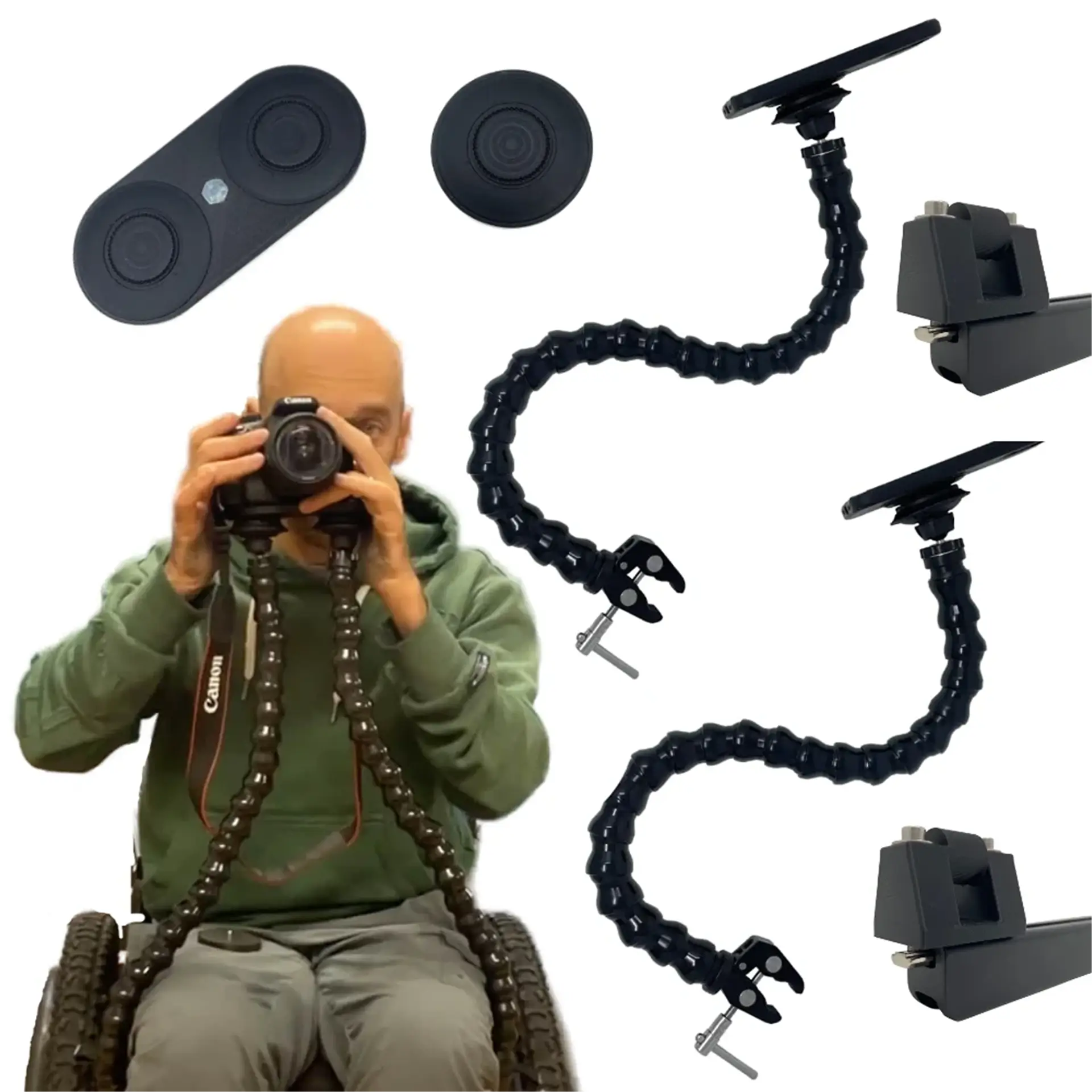 Man in wheelchair holding camera on dual flexible arm mounts attached to chair.