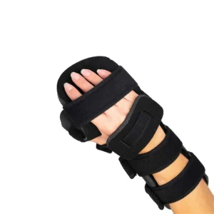 Black resting hand splint worn on hand, top view, fingers curled over padded support.