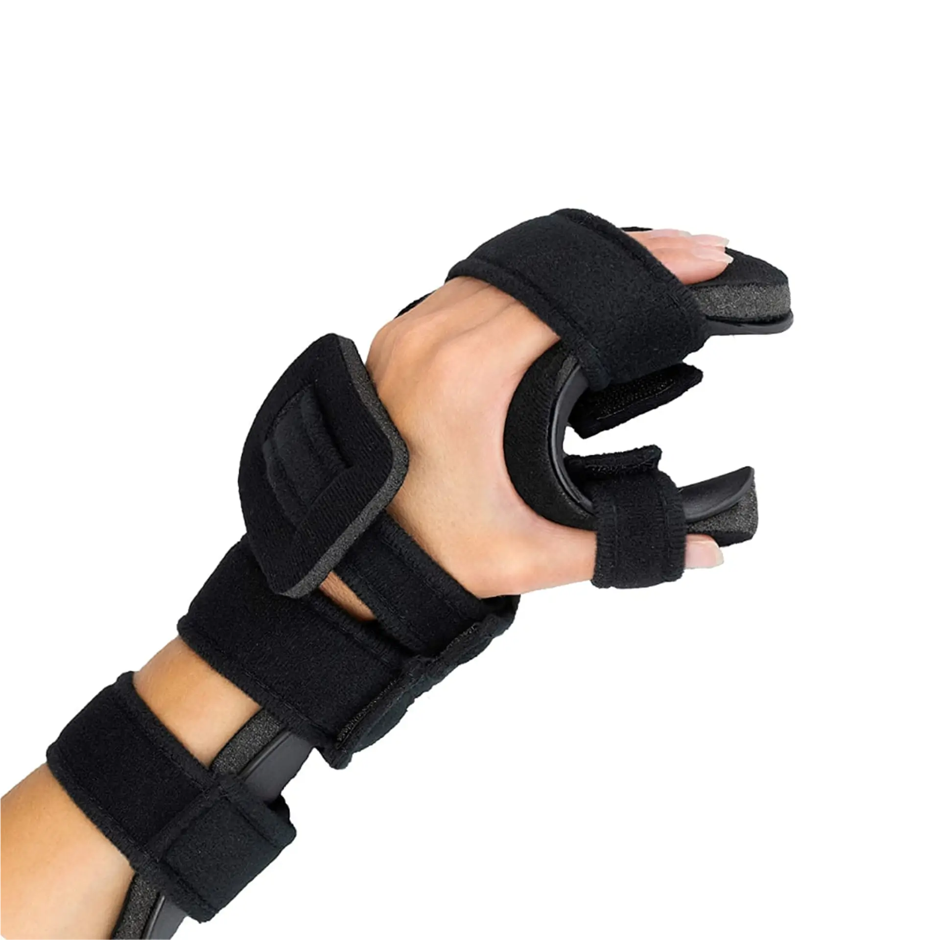 Black resting hand splint worn on hand, angled view showing thumb and finger separators.