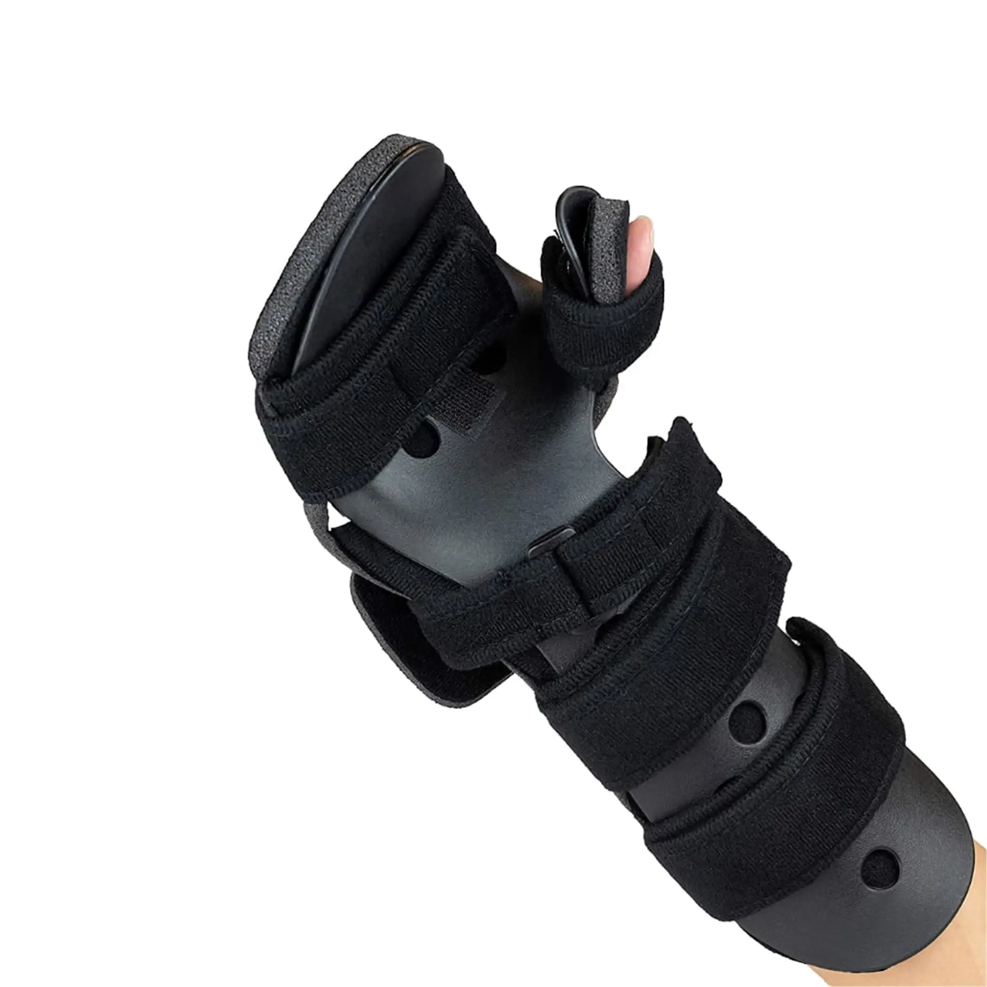 Black resting hand splint shown alone, angled view with thumb separator visible.