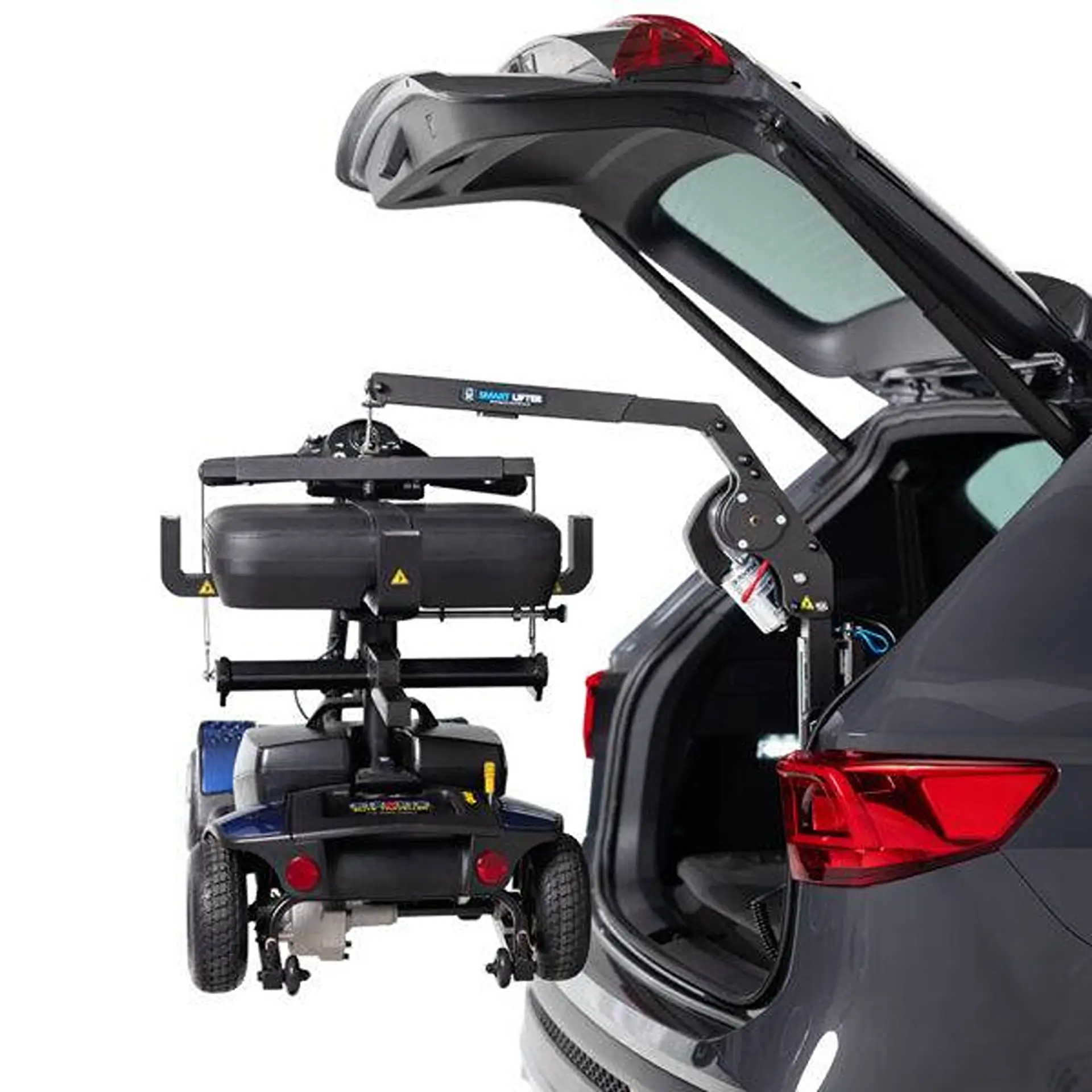 Folded scooter seat suspended by hooks and straps from a car's tailgate.