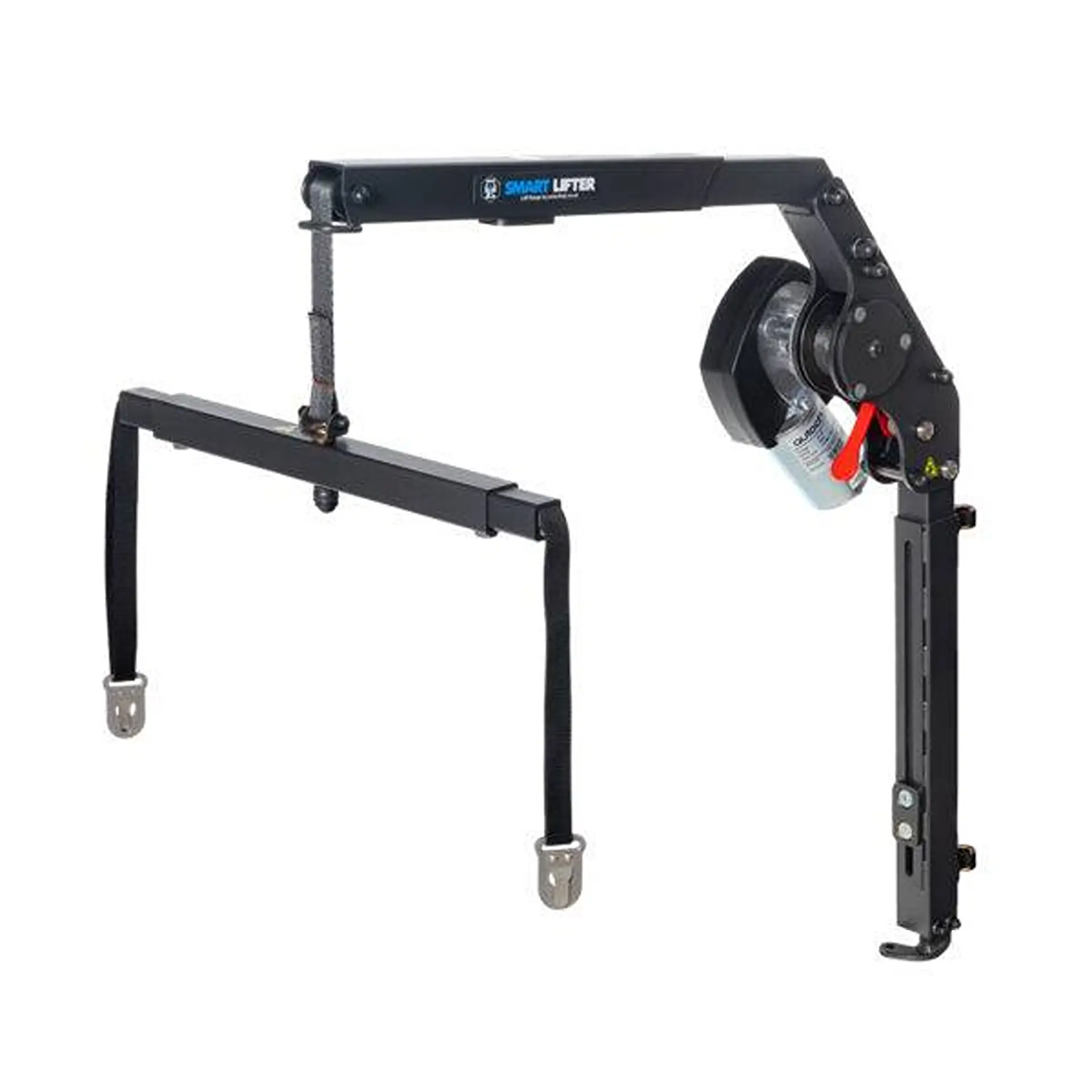 Product image of the lifter arm, hook, and straps, white background.