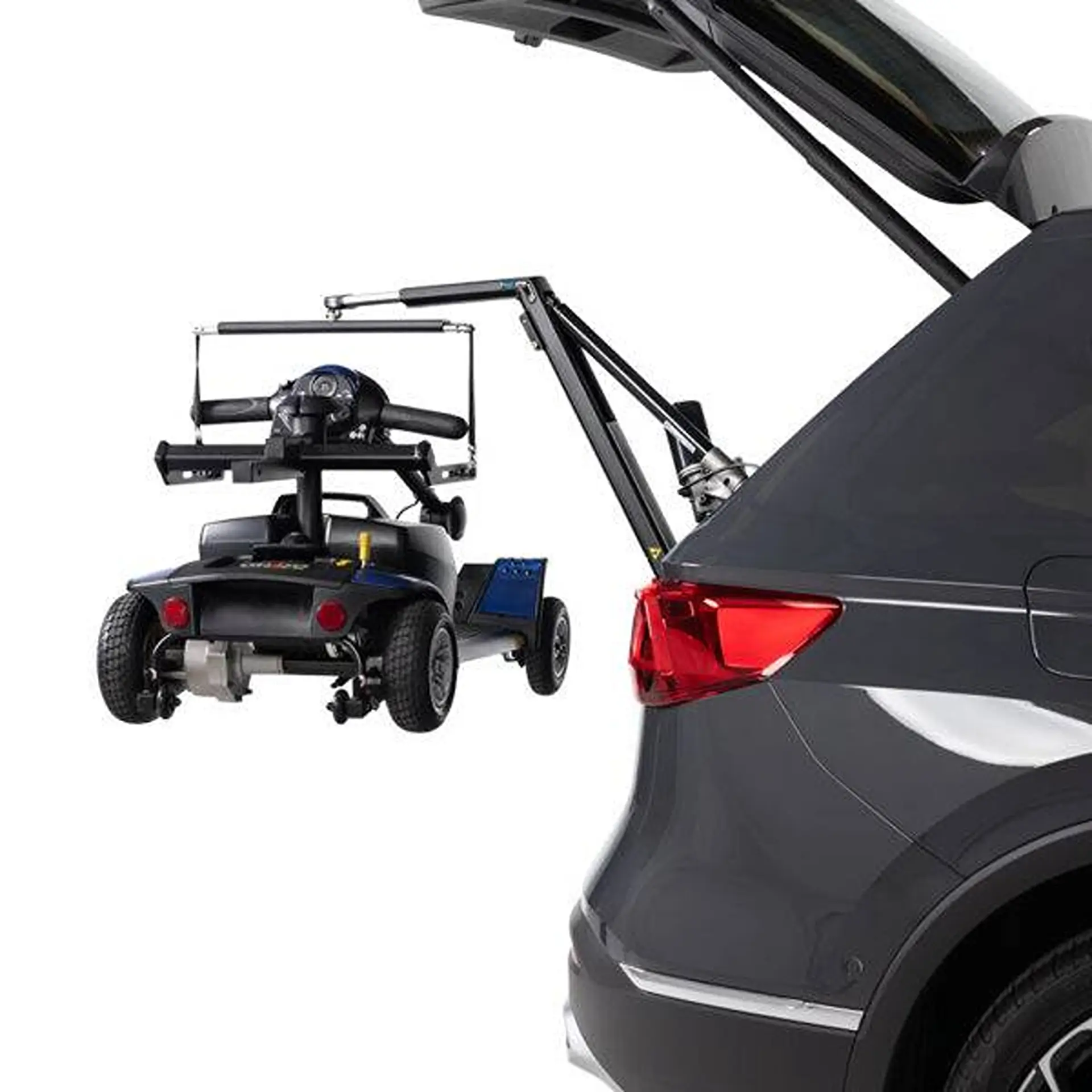 Scooter suspended by the lifter arm from an open tailgate, white background.
