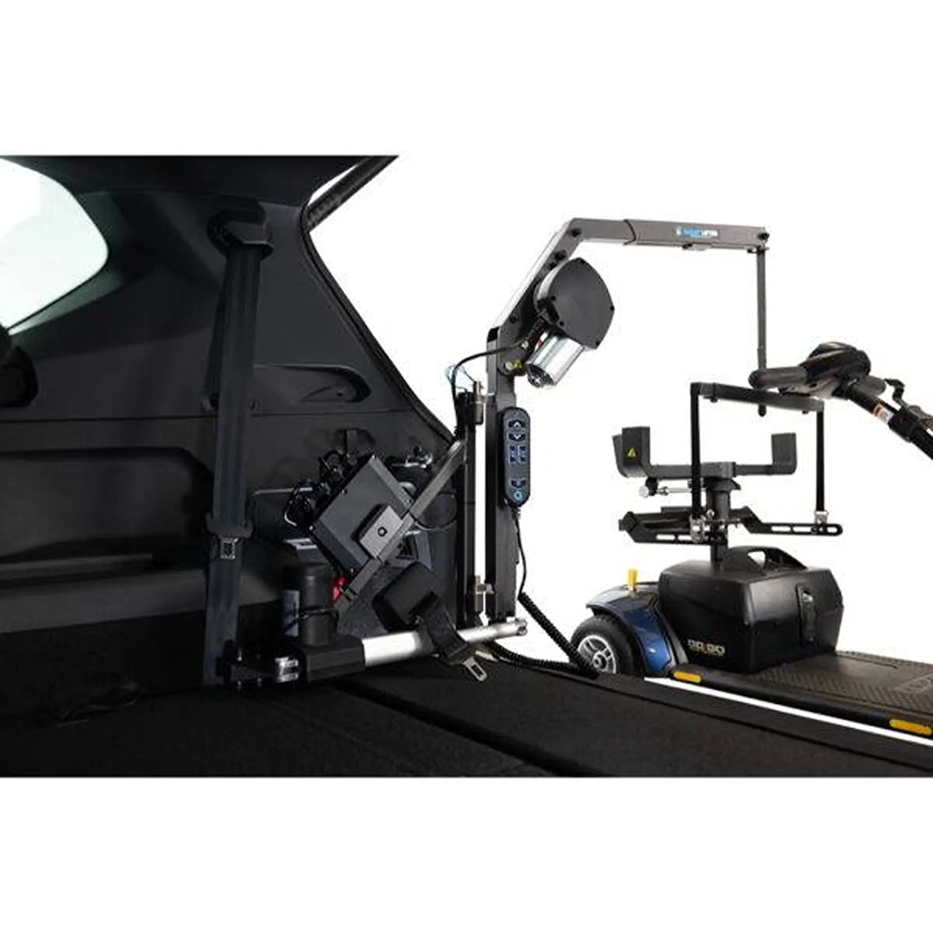 Close-up of the lifter's mounting hardware and controls inside a boot.