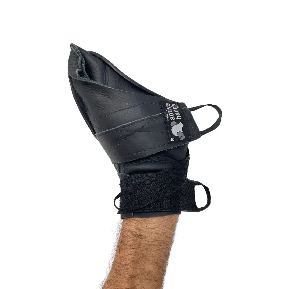 Black wheelchair racing glove on hand, front view