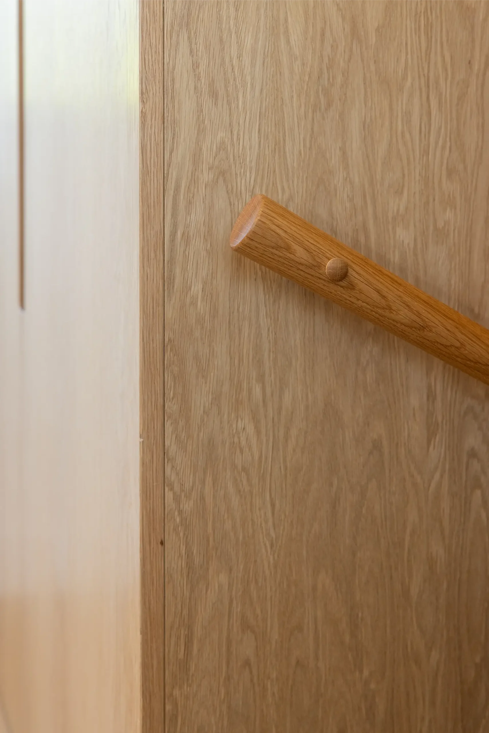 Close-up of an oak grab rail mounted on a wood-paneled wall.