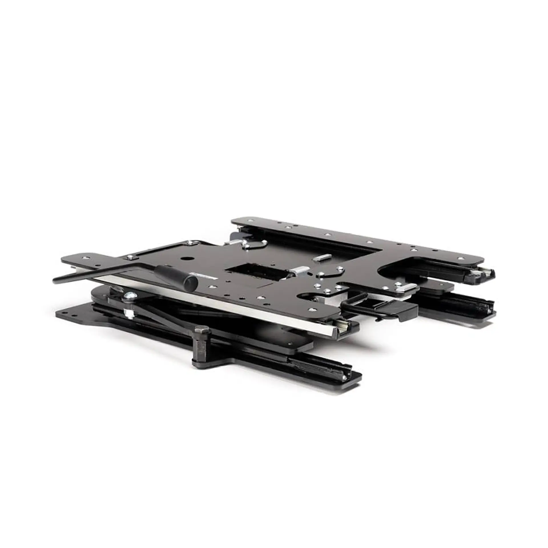 Product shot of the swivel seat base and rail mechanism, white background.