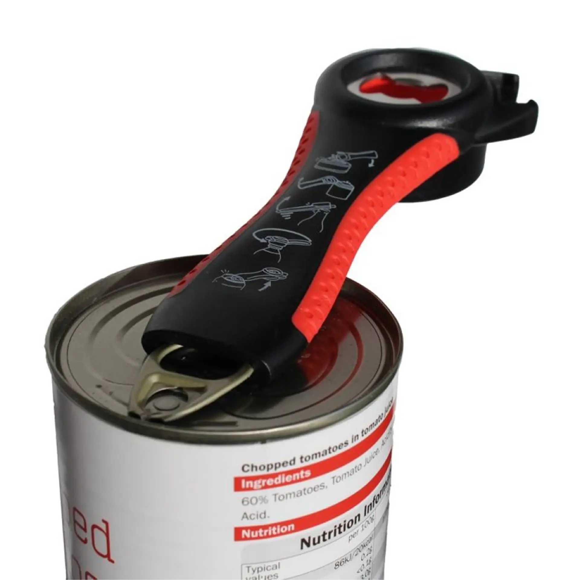 Ring-pull can opener tool gripping can lid.