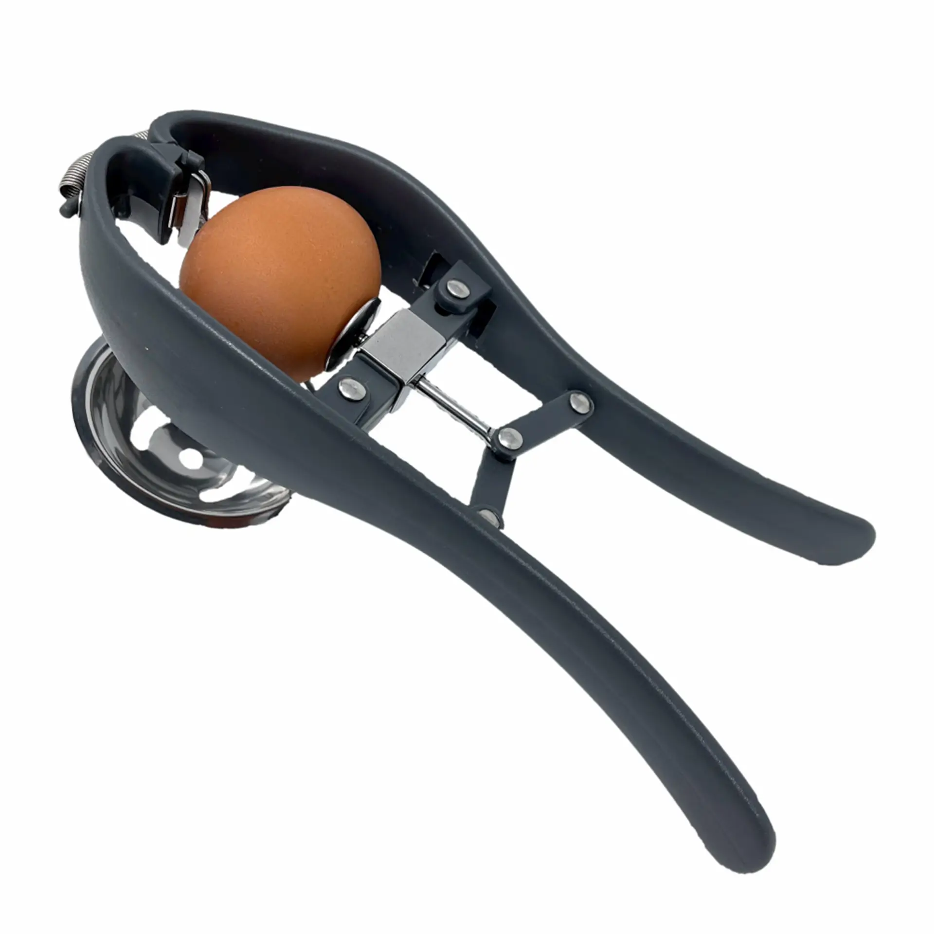 Gray egg-opening tool cracking an egg.