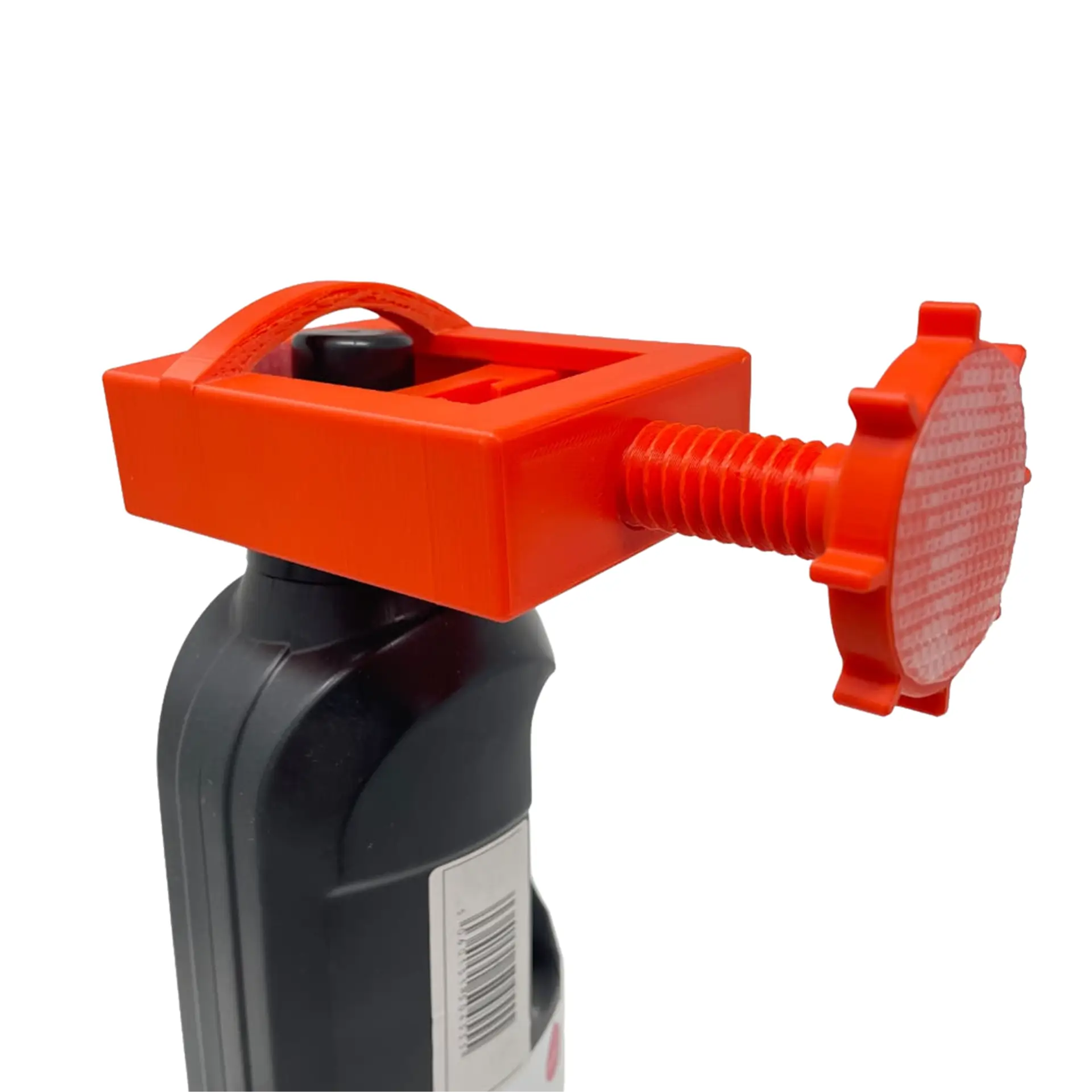 Orange clamp tool attached to bottle top.