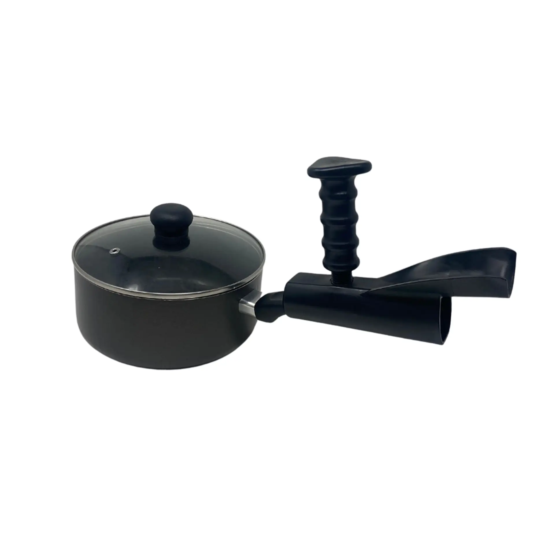 Saucepan with lid beside adaptive T-handle grip.