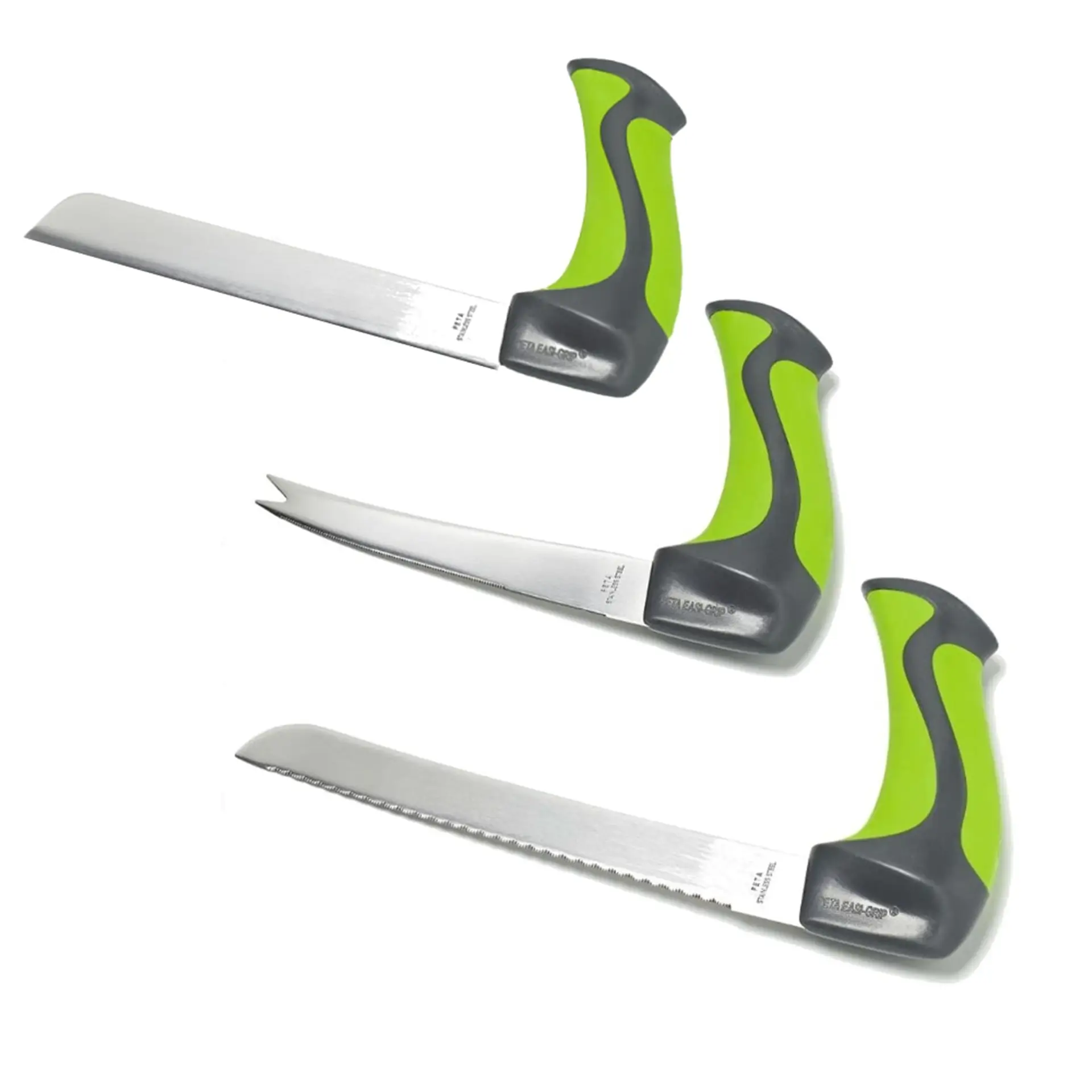 Three green-handled kitchen knives with different blades.