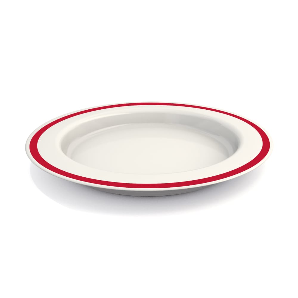 White scoop plate with red rim for one-handed eating.