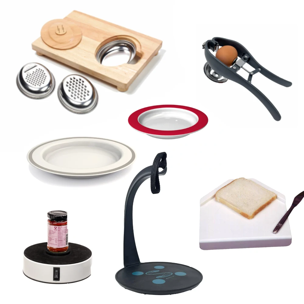Grid of one-handed kitchen tools: board, egg opener, plates, jar gripper, bowl carrier, bread board.