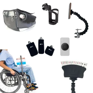 Grid of wheelchair accessories: bag, cup holder, phone mount, pouches, and other add-ons.