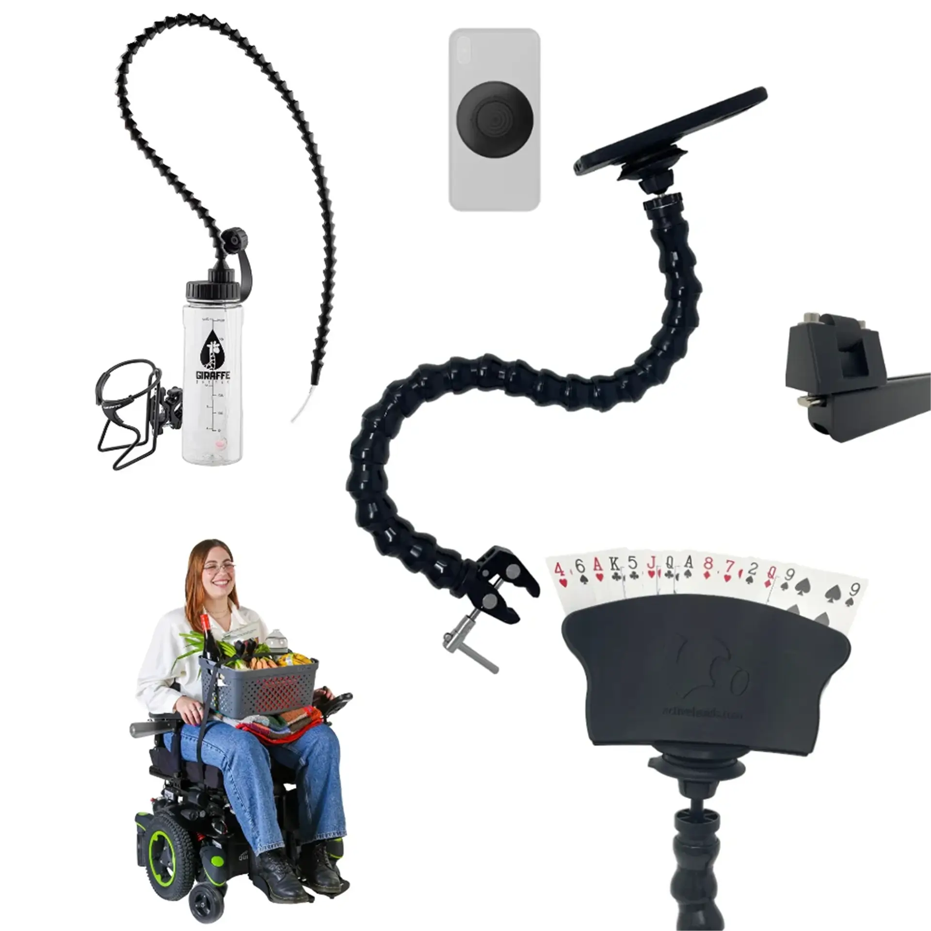 Grid of accessories: bottle holder, phone mount, playing card holder, and clamp.